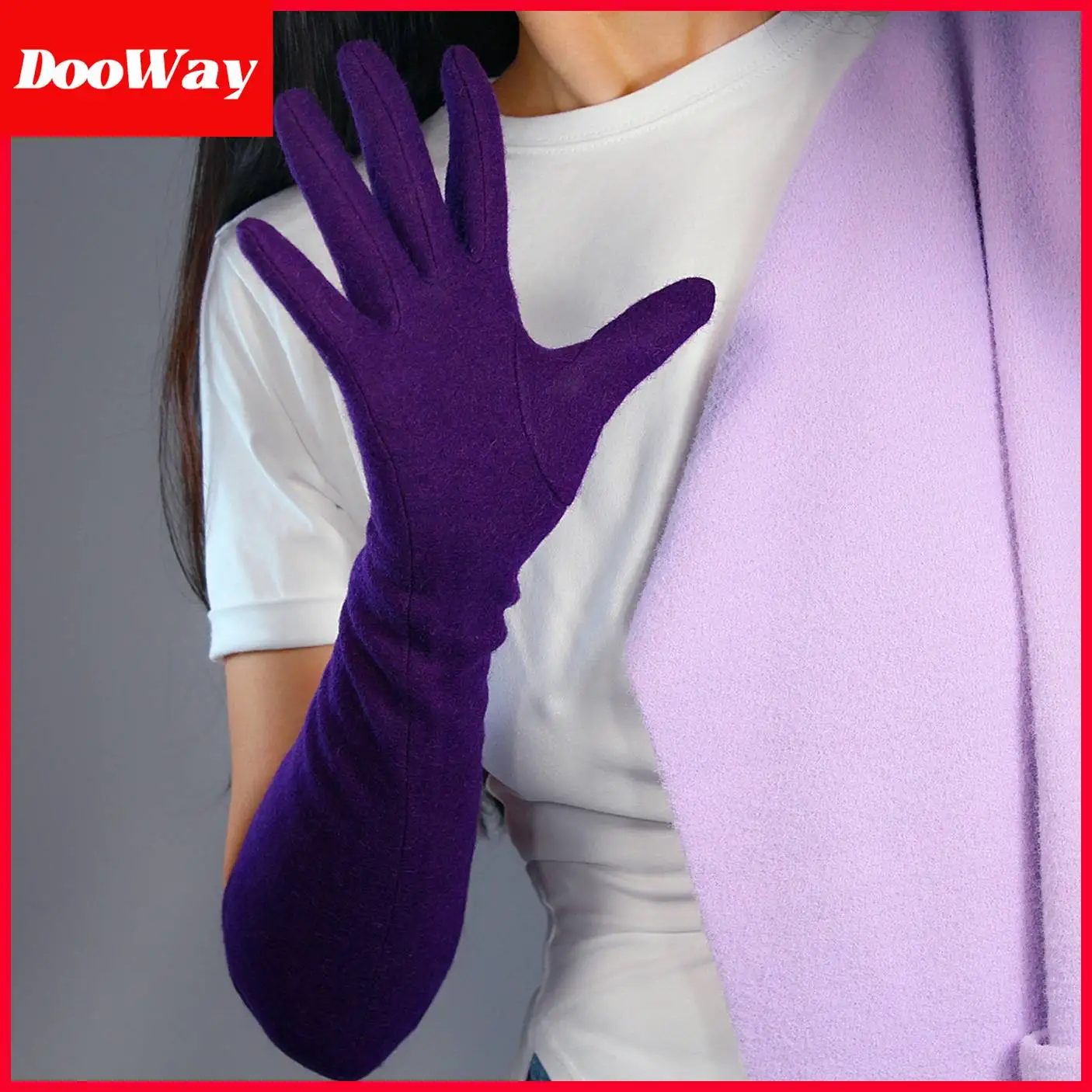 DooWay Women Dark Purple Wool Cashmere Warm Long Gloves Fashion Elastic 50cm Elbow Winter Warm Opera Dressing Long Finger Gloves