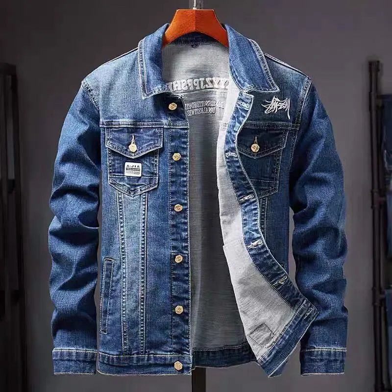 Chaqueta vaquera bordada para hombre, abrigo informal de algodón con solapa de un solo pecho, ajustado, Color sólido, novedad de 2021