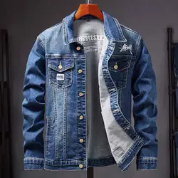 New 2021 Men Embroidery Denim Jackets Casual Solid Color Lapel Single Breasted Jeans Jacket Men Slim Fit Cotton Outwear Jackets