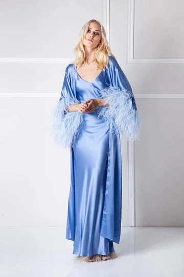 Blue Women Feather Bathrobe Sleepwear Two Pieces Night Robe Kimono Dressing Gown Babydoll Lingerie Bath Robe Luxury Nightgown