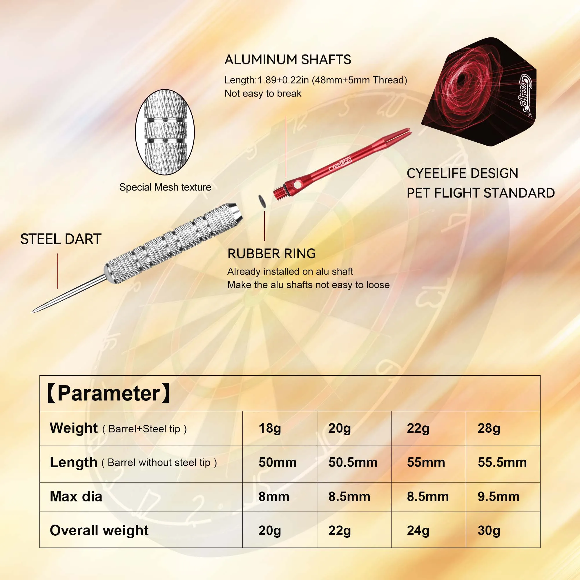 CyeeLife 18/20/22/28 Grams Pro Steel Tip Dart set with box,Aluminium shafts&6pcs PET Flights, PC shafts