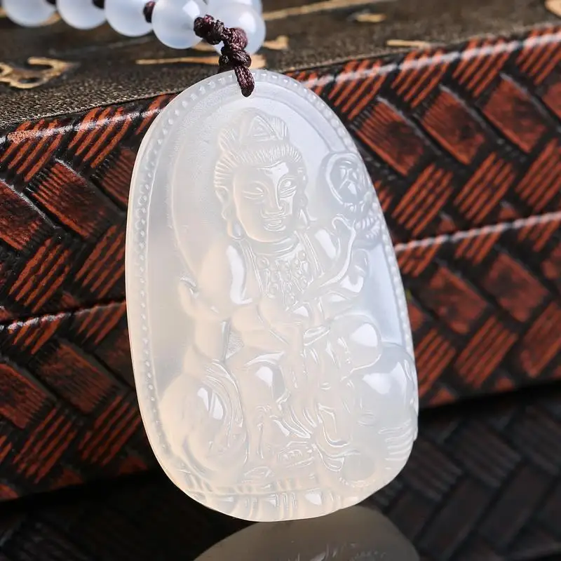 

Natural White Jade Pith Puxian Bodhisattva Pendant Zodiac Dragon and Snake Patron Saint Men's and Women's Necklace Mascot