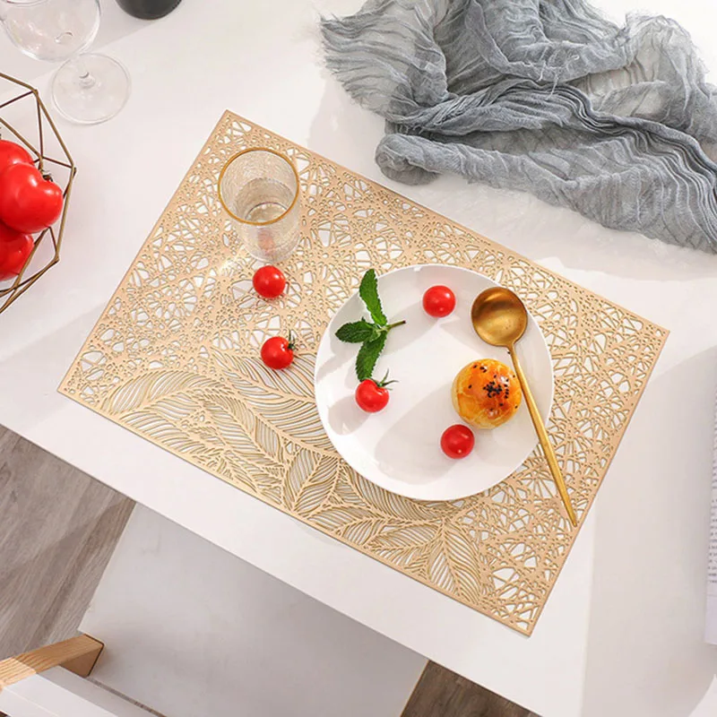 PVC Hollow Heat Insulation Offee Mat Coaster for Dining Table Decor New Style Rectangle Placemat Kitchen Table Mat Gold Color