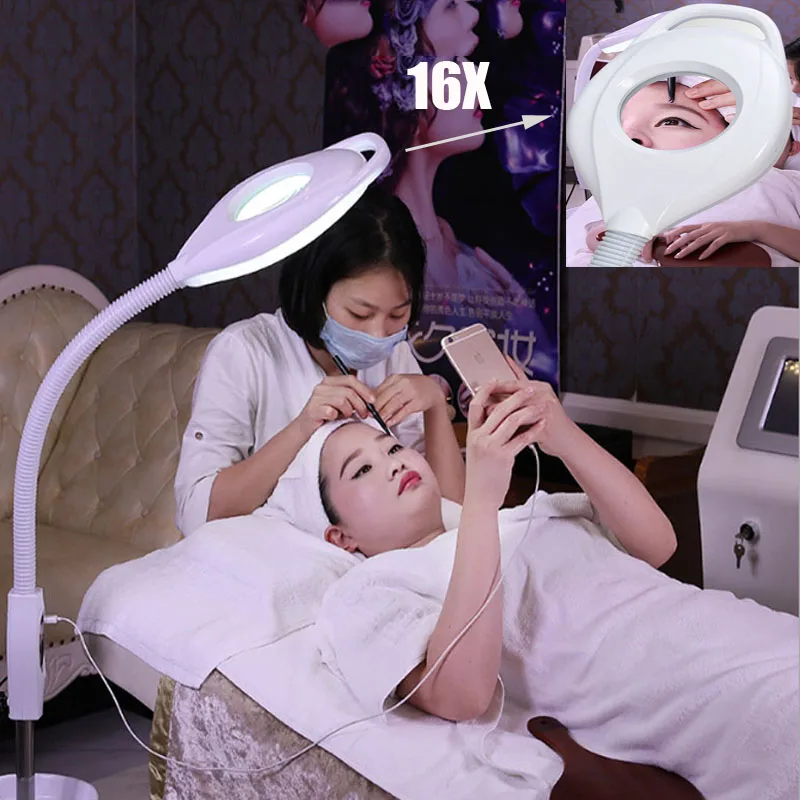 LED Beauty Cold Light Lamp 16x Magnifying Glass Manicure Tattoo Shadowless Lamp Rotating Dimming Eye Protection Beauty Lamp