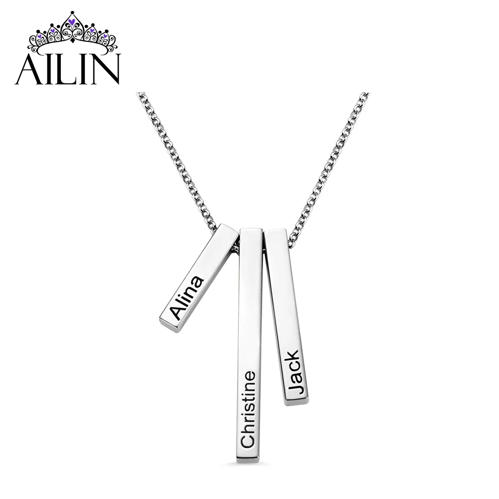 

AILIN Dropshipping Personalized Stainless Steel Engraved Triple 3D Vertical Bar Necklace in Rose Gold Jewelry Gift for Woman