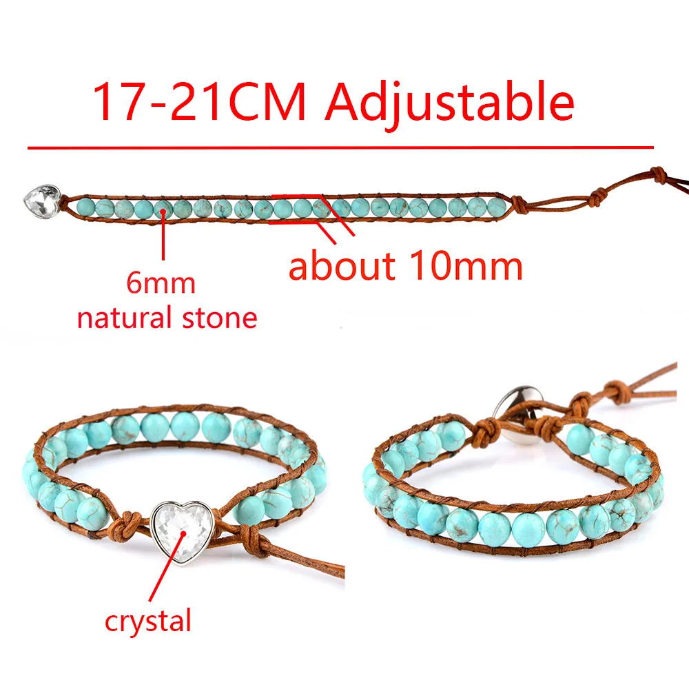 Chanfar 6mm Genuine Natural Stone Beaded Heart-Shaped Turquoises Leather Cord Bracelet  For Women Men Jewelry