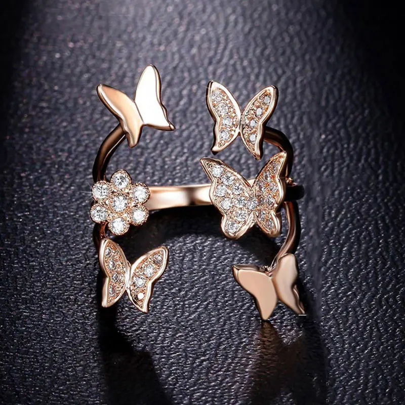 HUAMI Flower Rings Butterfly Adjustable Finger Ring Open Rose Gold Fashion Shiny Zircon Jewelry for Women Regalos Para Mujer