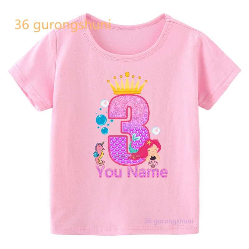 Tshirt Girl 3 4 5 6 8 year Mermaid Cartoon T Shirt Happy Birthday Girls Tops Kids Clothes Shirts children Clothing Pink T-shirts