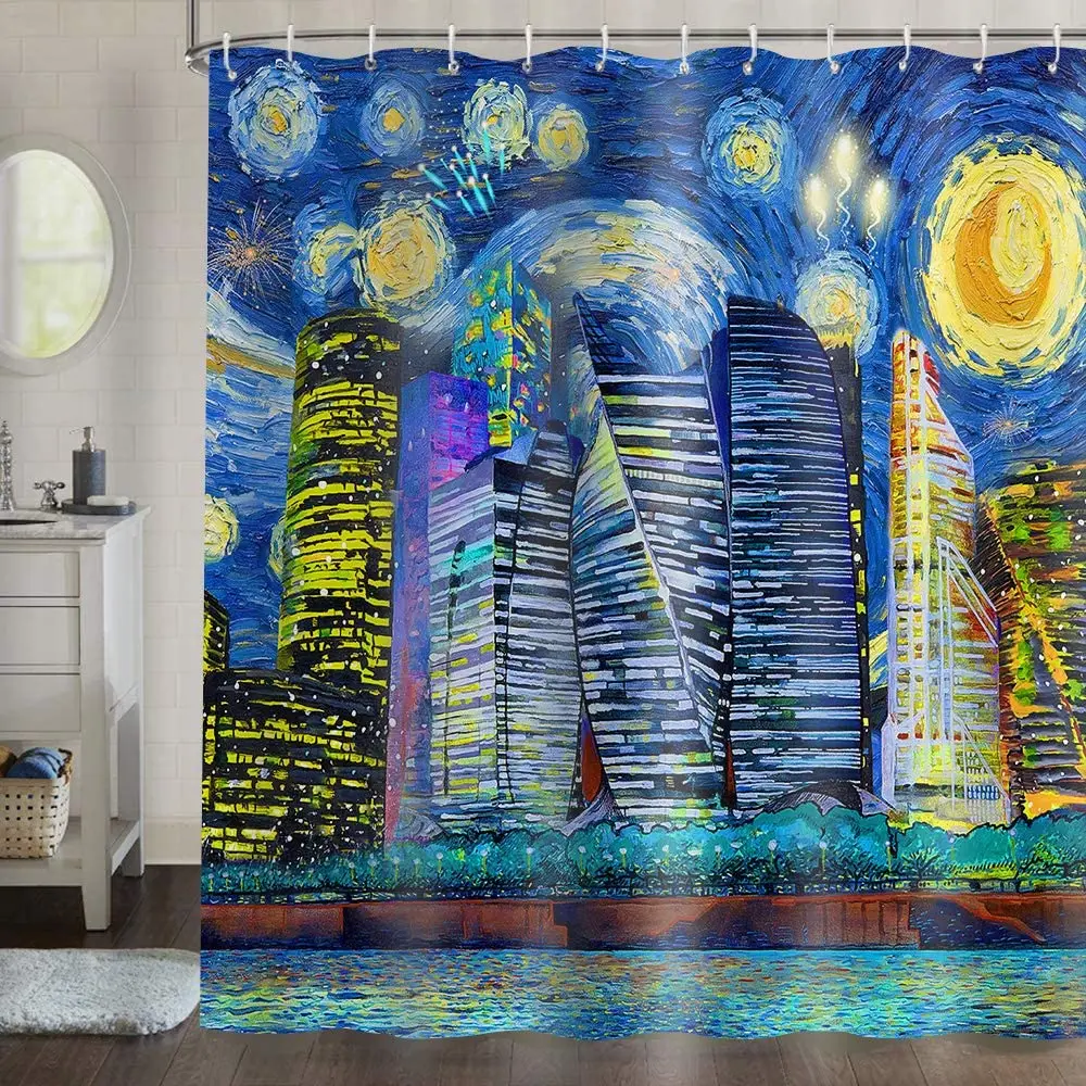 Starry Night City Buildings Fireworks Blue Sky Abstract Art Fantasy Bathroom Curtain