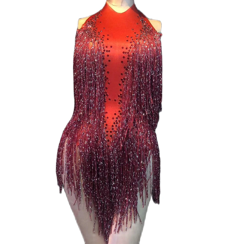 Red Tassel Rhinestones Bodysuit For Women Backless Sexy Bodycon Nightclub Dance Show Wear Theatrical Drag Queen Costume