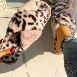 Women Winter Slipper Flat Sexy Leopard Home Slippers Ladies Indoor Shoes Fur Warm Slip On Female Slides Plush Plus Size dfv45