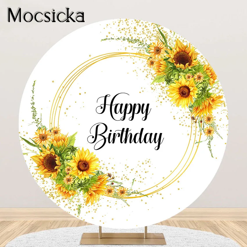 Mocsicka Sunflower Birthday Party Backdrop Rustic Yellow Gold Floral Party Round Circle Cover Garden Rustic Party Photoshoot