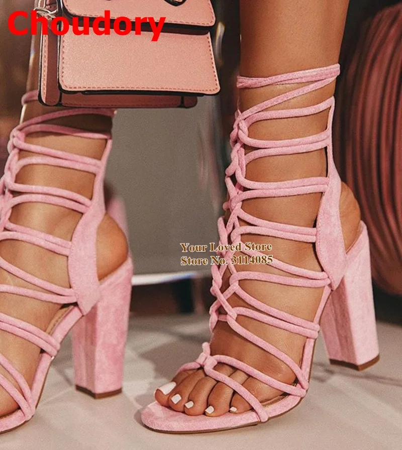 

Choudory Women Elegant Suede Braided Chunky Heel Sandals Cross Strappy Lace-up Dress Shoes Caged Banquet Footwear Dropship