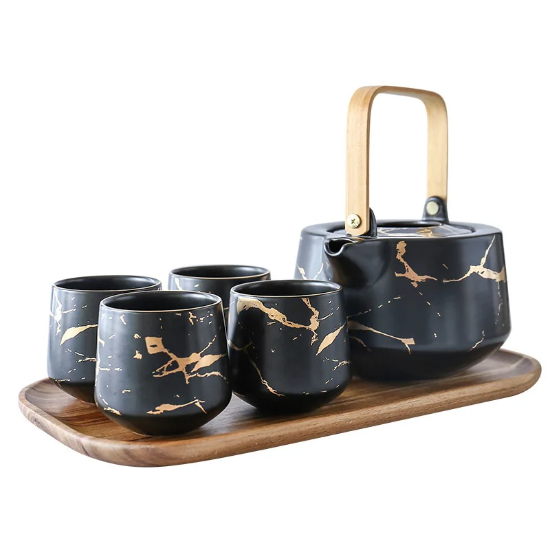 

Home Marbling Tea Set Japanese Style Black and White Ceramic Afternoon Tea Cup with Acacia Mangium Base Kettle Holder