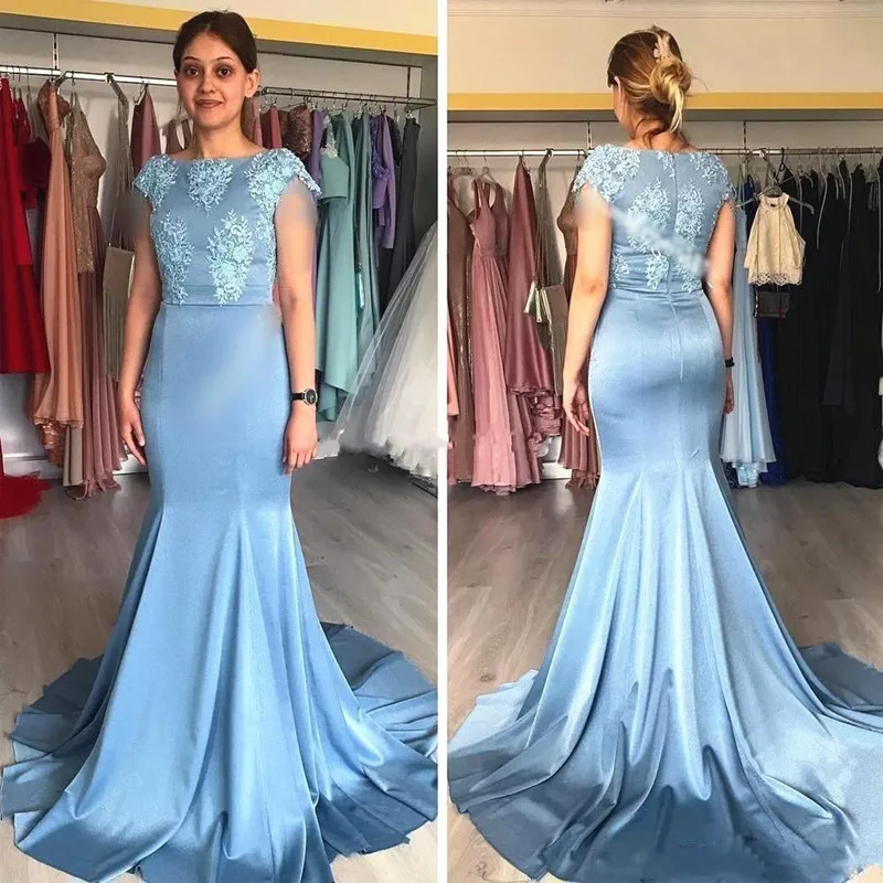 Mermaid Long Mother of the Bride Dresses Light Sky Blue Lace Cap Sleeve Modest Design Evening Prom Gowns Customized Plus Size