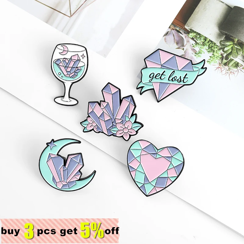 Pink Crystal Ore Enamel Pins Heart Moon Goblet Brooche for Women Backpacks Lapel Pin Cartoon Badge Jewelry Gift Wholesale