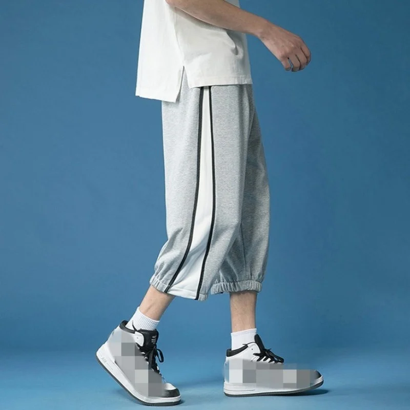 Calf-Length Men Pants Summer Loose Straight Casual Pants Unisex Street Outdoor Striped Elastic Waist Sweatpants Oversize 3XL