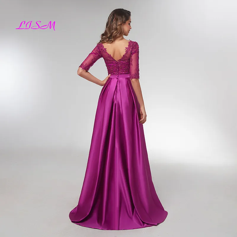 Purple Half Sleeves Evening Dresses 2020 Elegant Lace Appliqued Beaded Long Formal Gowns Illusion V-Neck Satin Prom Dress