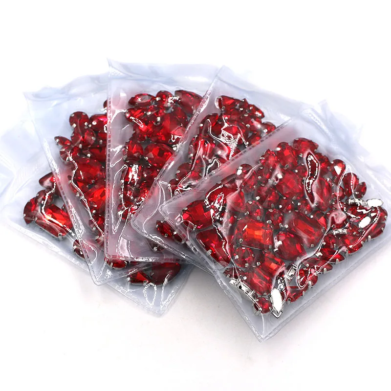 Wholesale 5 bags mixed shape silver base sewing glass rhinestone crystal Red rhinestones for clothing/wedding dress