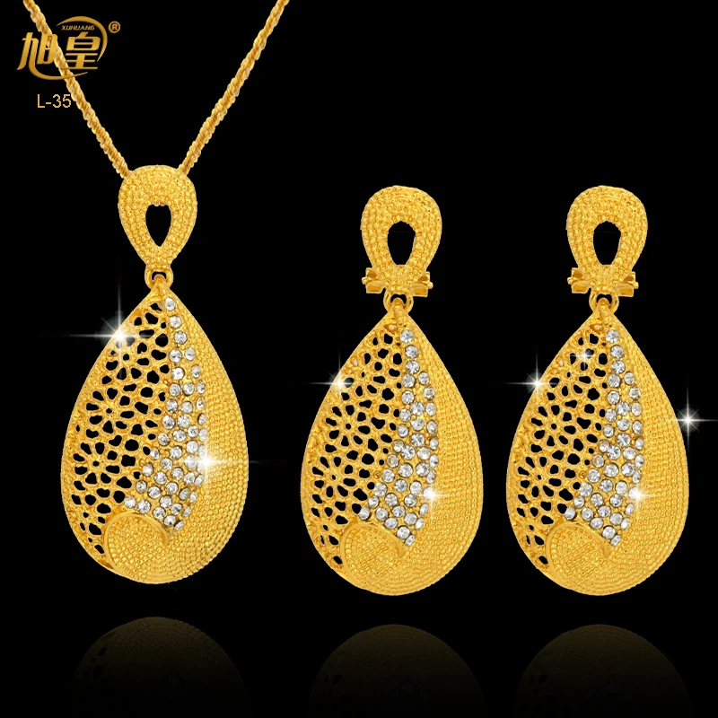 XUHUANG Dubai New Necklace Jewellery Sets Hollow Hanging Earrings Gold Color Big Dangle Earrings For Women Nigerian Jewelry Gift
