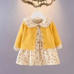 Newborn Infant Baby Dresses Girls Kids Spring Floral Cherry Dots Dress Knitted Cardigan Coat Set for Baby Girls Clothes Set 2021