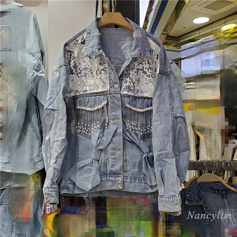 

Women Denim Jacket European Streetwear Rhinestone Tassel Lace Jean Coat Loose Top Autumn Nice Veste Femme Nancylim