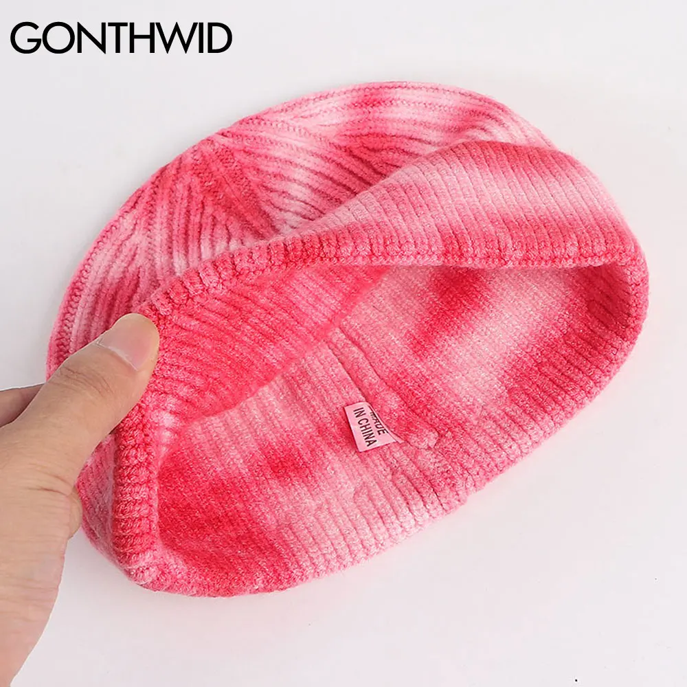 GONTHWID Knitted Tie Dye Beanies Hats Plain Cuff Beanie Knit Ski Cap Casual Skull Warm Solid Color Winter Blank Headwear Bonnets