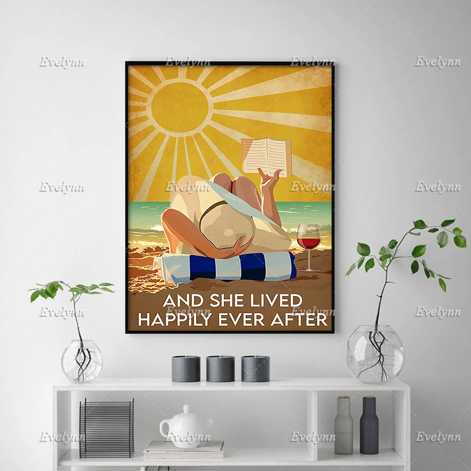 Girl At Ocean Poster Girl Love Book And Wine Poster And She Lived Happily Ever After Prints Home Decor Canvas Floating Frame