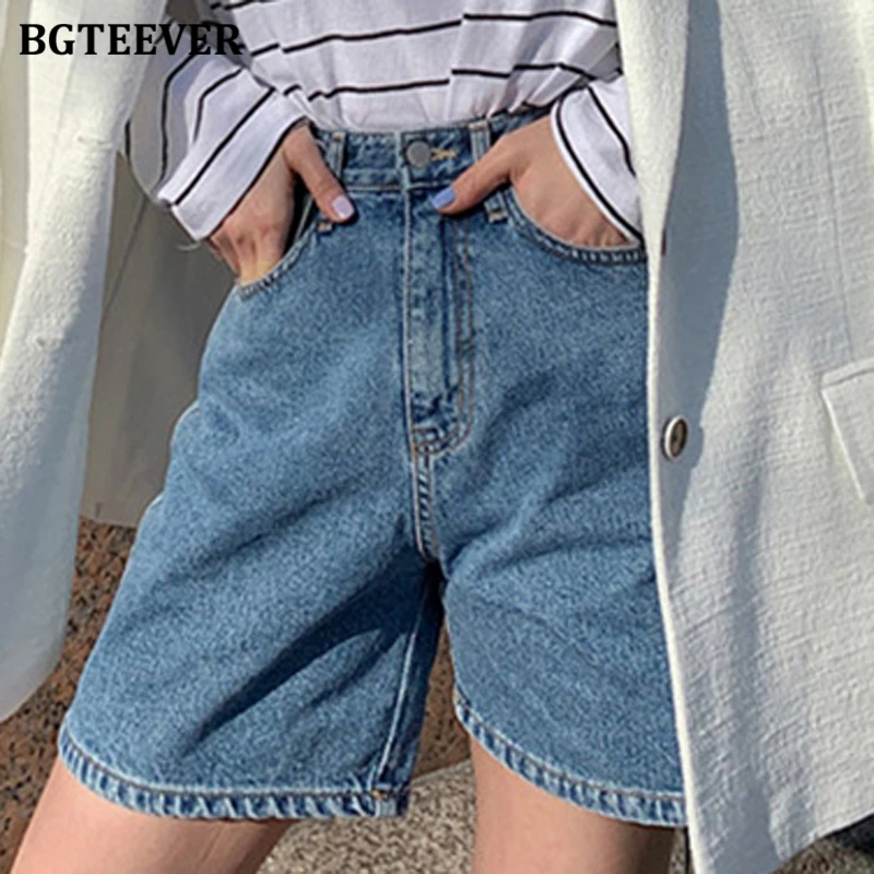 BGTEEVER Casual High Waist Straight Jeans Shorts Summer Pockets Loose Female Blue Denim Shorts Ladies High Street Bottoms 2020