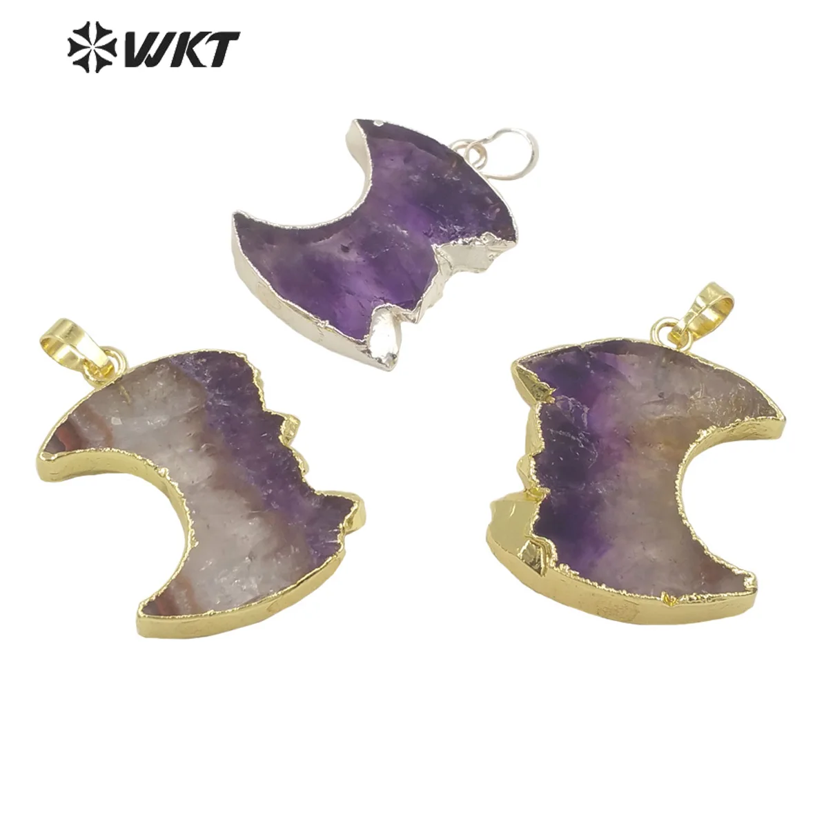 

WT-P1714 Newest fashon gold trim slice Brazil Amethysts moon pendant women Energy natural stone carved jewelry pendant