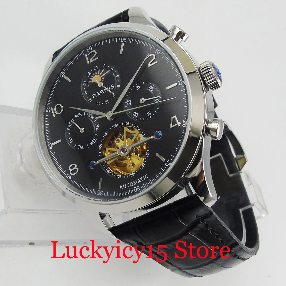 PARNIS Self Winding Movement 43mm Mechanical Men Watch Date Week Function Silver Color / Rose Gold Color Case Leather Strap