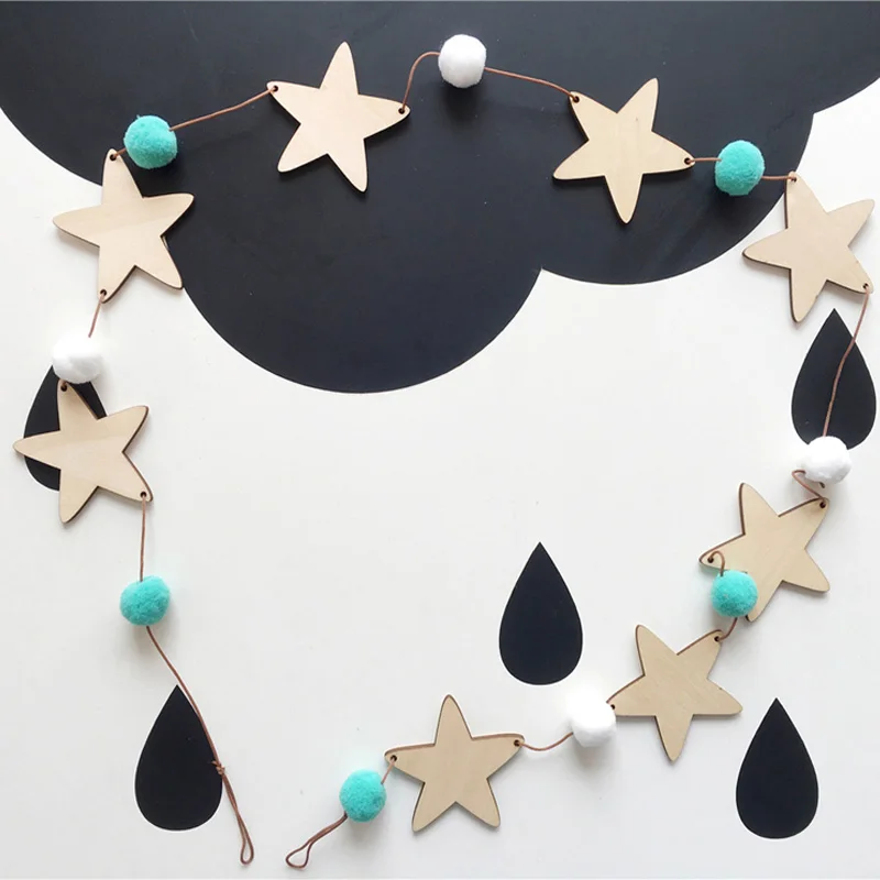 Scandinavian Style Wool Felt Ball Garland Wooden Star Wall Hanging Ornaments Girl Children Room Decorations Nursery Party Decor