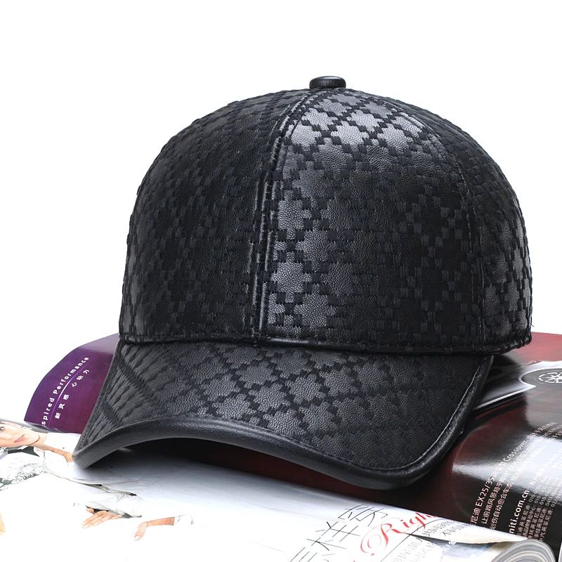 Exclusive Unisex Genuine Leather Rhombus Check Embroidered Baseball Cap Women Retro Casual Peaked Hat Men Fishing Trucker Gorras