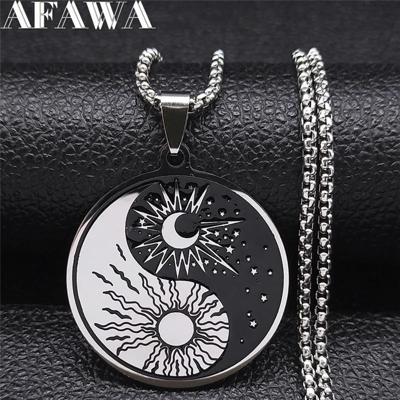 Stainless Steel Yin Yang Tai Chi Gossip Sun Moon Necklaces Chain for Women Men Silver Color