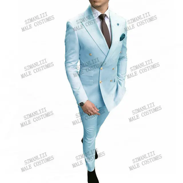 

2021 Business Light Blue Wedding Men Suits Double Breasted Gold Buttons Slim Fit Groom Tuxedos 2 Piece Set Male Best Man Blazer
