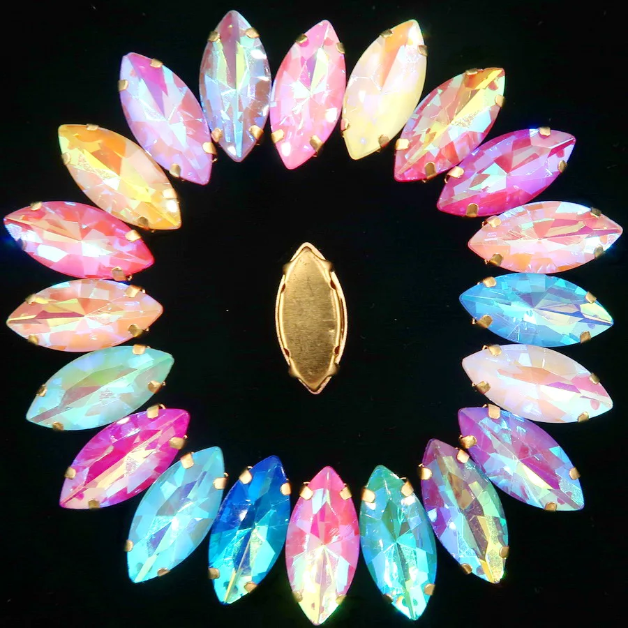 Pferdeaugenförmige Goldklauenfassungen, Jelly Candy Glas & AB Farben Kristall 7*15mm 20 Stück/Packung, zum Aufnähen, Strassperlen, Kleidung, DIY-Verzierung – Detail 3