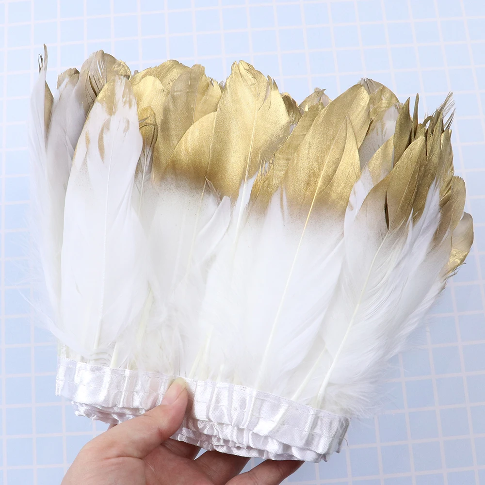 15-20cm White gold Goose Feathers Trim FEATHER Fringe goose Plumes on Ribbon for Party Dresses Decoration Craft 1Meter/lot