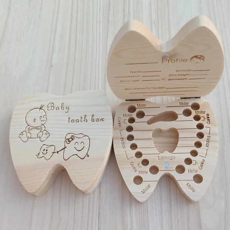 Teeth Shape Wooden Baby Teeth Box Organizer Milk Teeth Storage Collector Kids Teeth Umbilica Lanugo Save Box English / Spanish