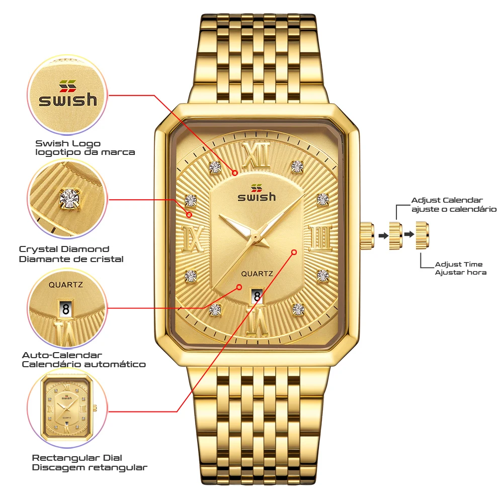 New Golden Relogio Masculino Luxury Rectangle Quartz Wristwatch Mens Stainless Steel Bracelet Watches Waterproof Clock with Box