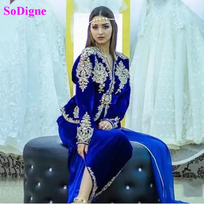 SoDigne Royal Blue Karakou Algerian Caftan Evening Dresses Velvet Long Sleeve 2 Peices Detachable Belt Dubai Prom Party Gowns