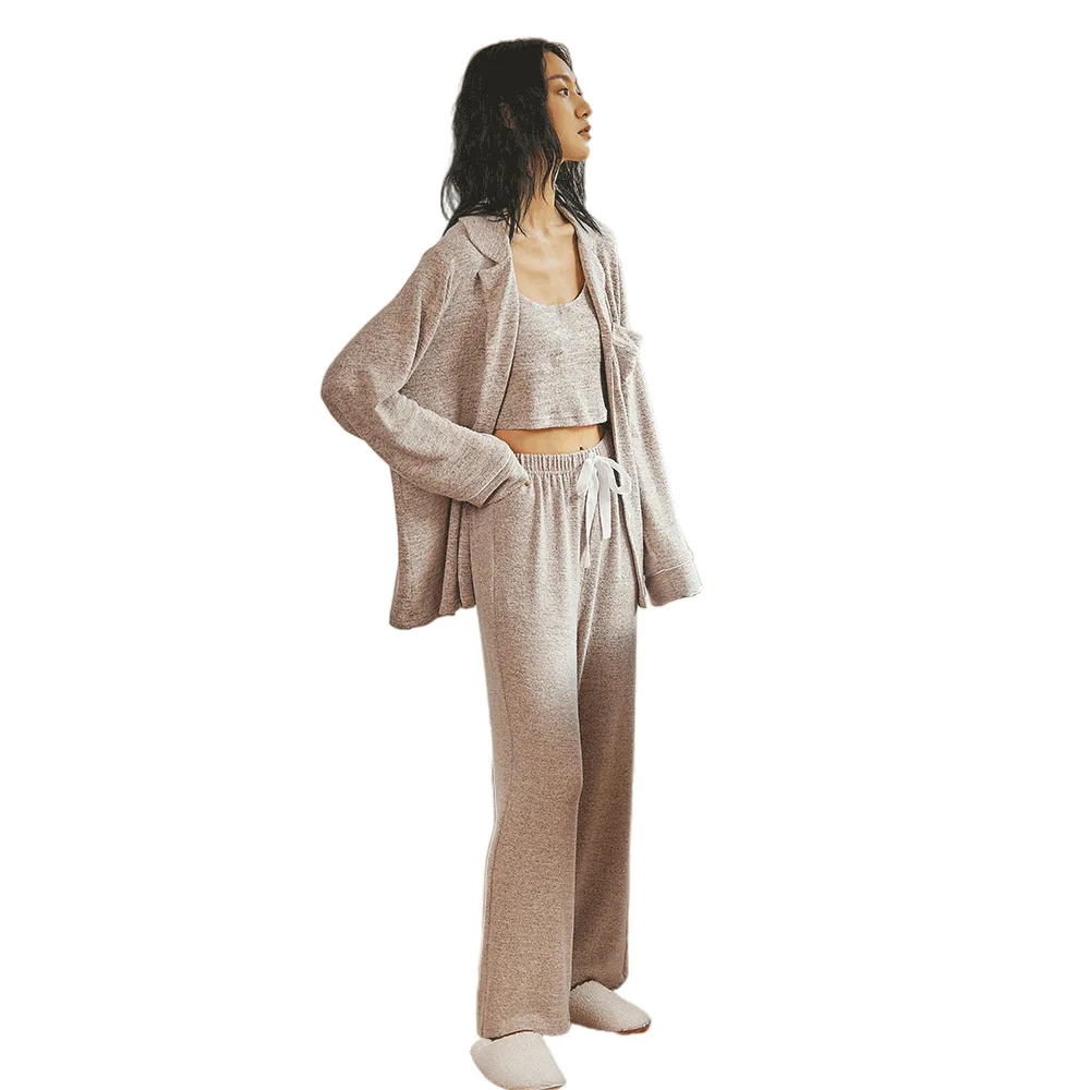 Fall/Winter 2021 Pajamas for Women Beige Long Sleeve Trouser Suits Comfortable 3-piece Set Home Clothes Lapel Loose Sleepwear