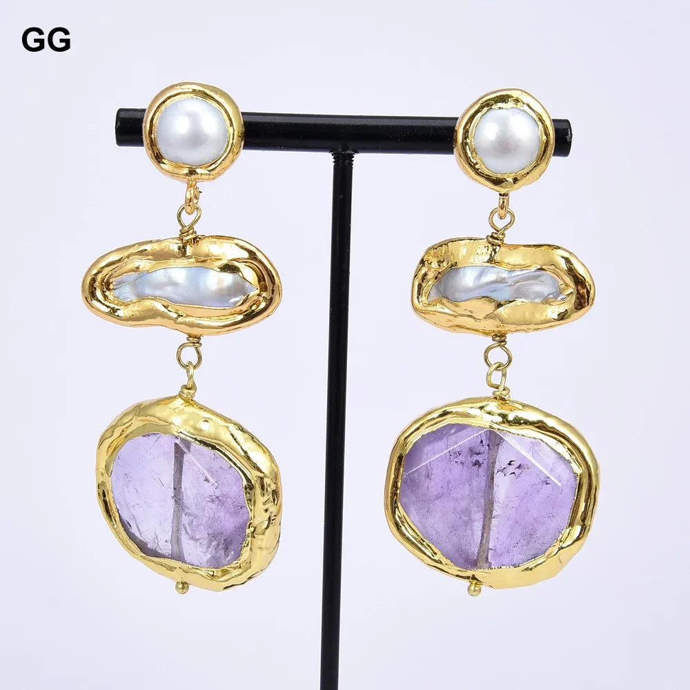 GuaiGuai Jewelry Natural Freshwater White Biwa Keshi Pearl Purple Amethyst Gold Color Plated Stud Dangle Earrings