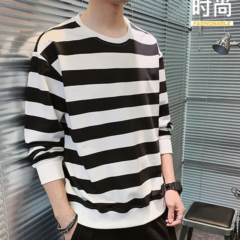 EL BARCO Spring Cotton Stripe Sweatshirt Men Hoodies Soft Black White Fashion Tops Coats Yellow Pink Male Pullover Jackets M-4XL