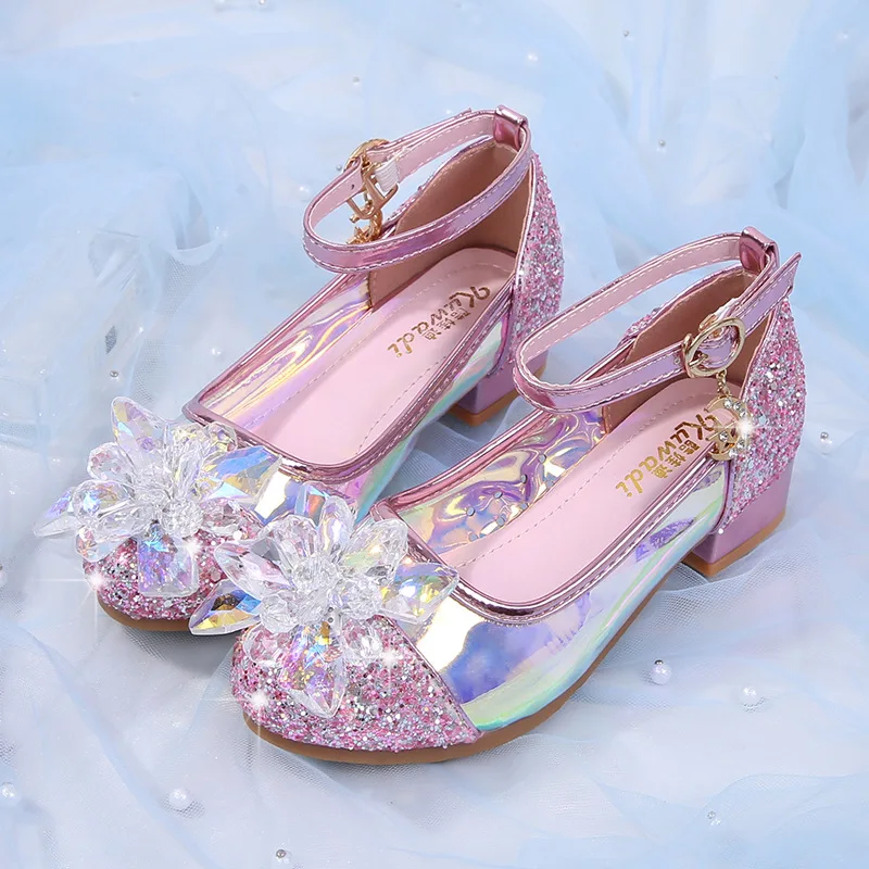 Zapatos de tacón bajo de princesa para niña, sandalias de charol con lentejuelas de cristal, fiesta de moda, espectáculo de baile, regalo de cumpleaños para niño