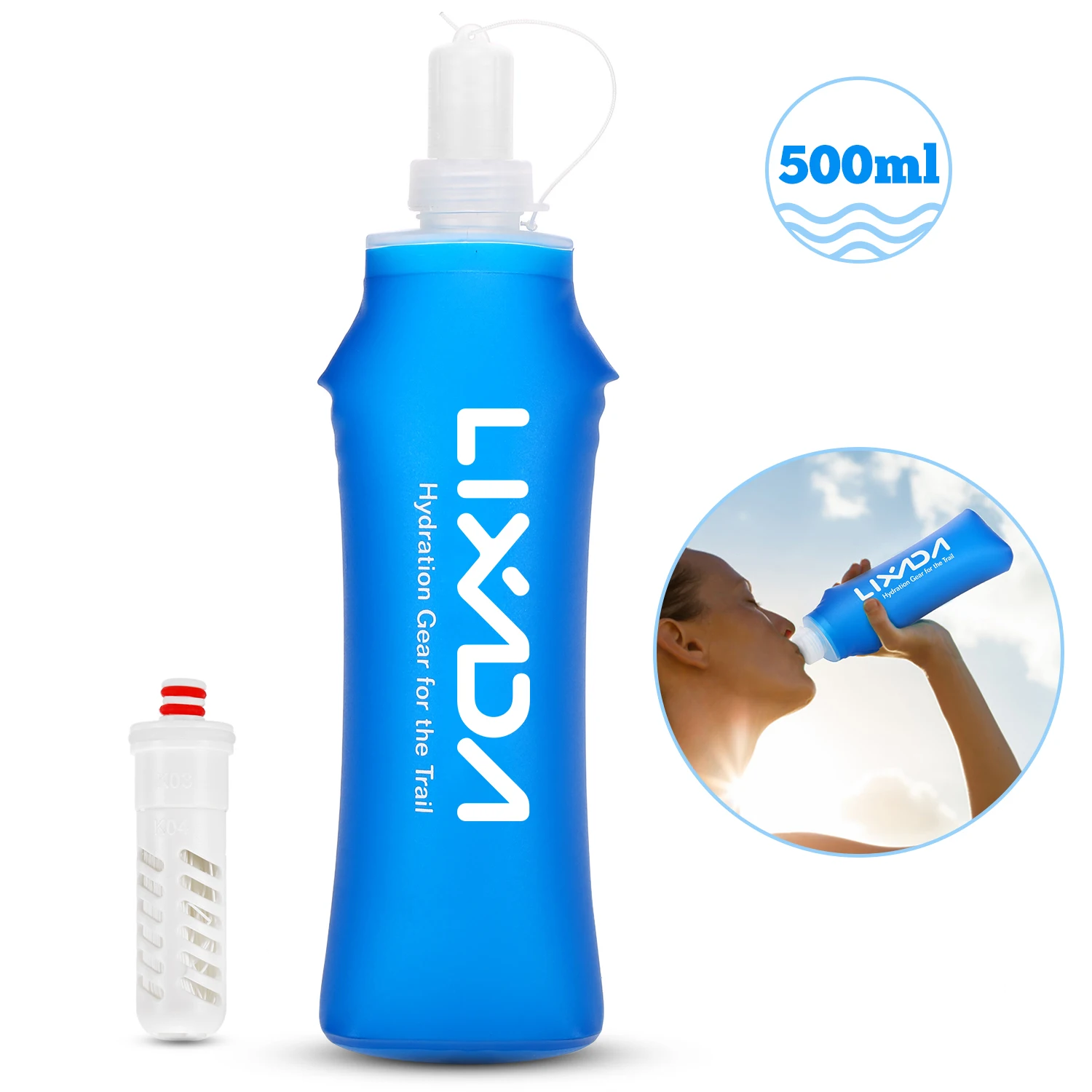 Lixada Portable Bottle Soft Flask Soft Water Bottle Portable Kettle with Filter for Camping Running Outdoor Activities 500ML