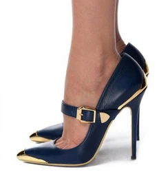 Sexy Overgild Studs Toe Ankle Strap Pumps Metal Buckle High Heels Stiletto 10cm Heeled Navy Blue Wedding Party Women Shoes