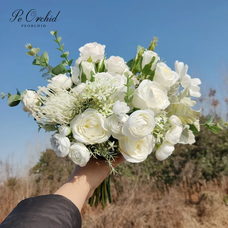 

PEORCHID Green White Rose Bridal Bouquet De fleur Mariee Wedding Accessories Artificial Bridemaid flowers Hand Bouquet 2021