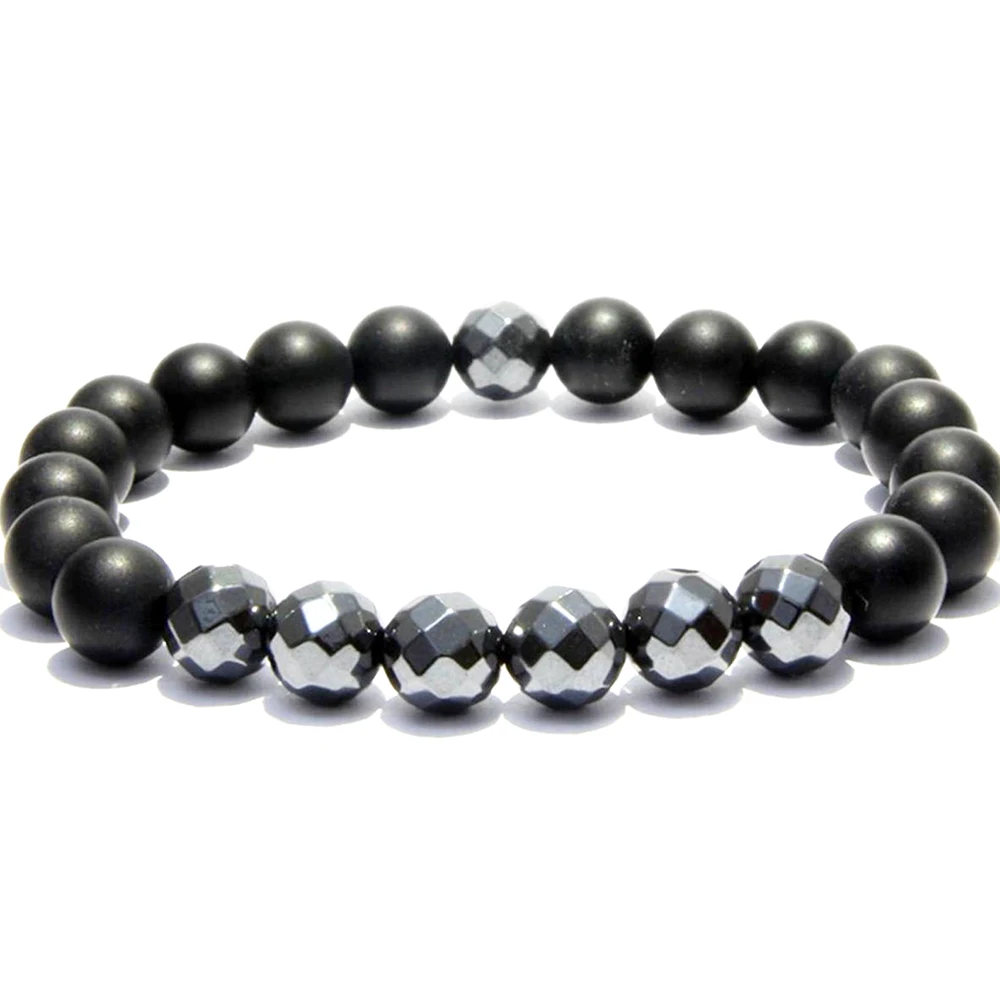 MG1194 8 mm Faced Hematite & Matte Black Onyx Gemstone Bracelet Natural Stone Energy Beaded Bracelet Gifts for Men