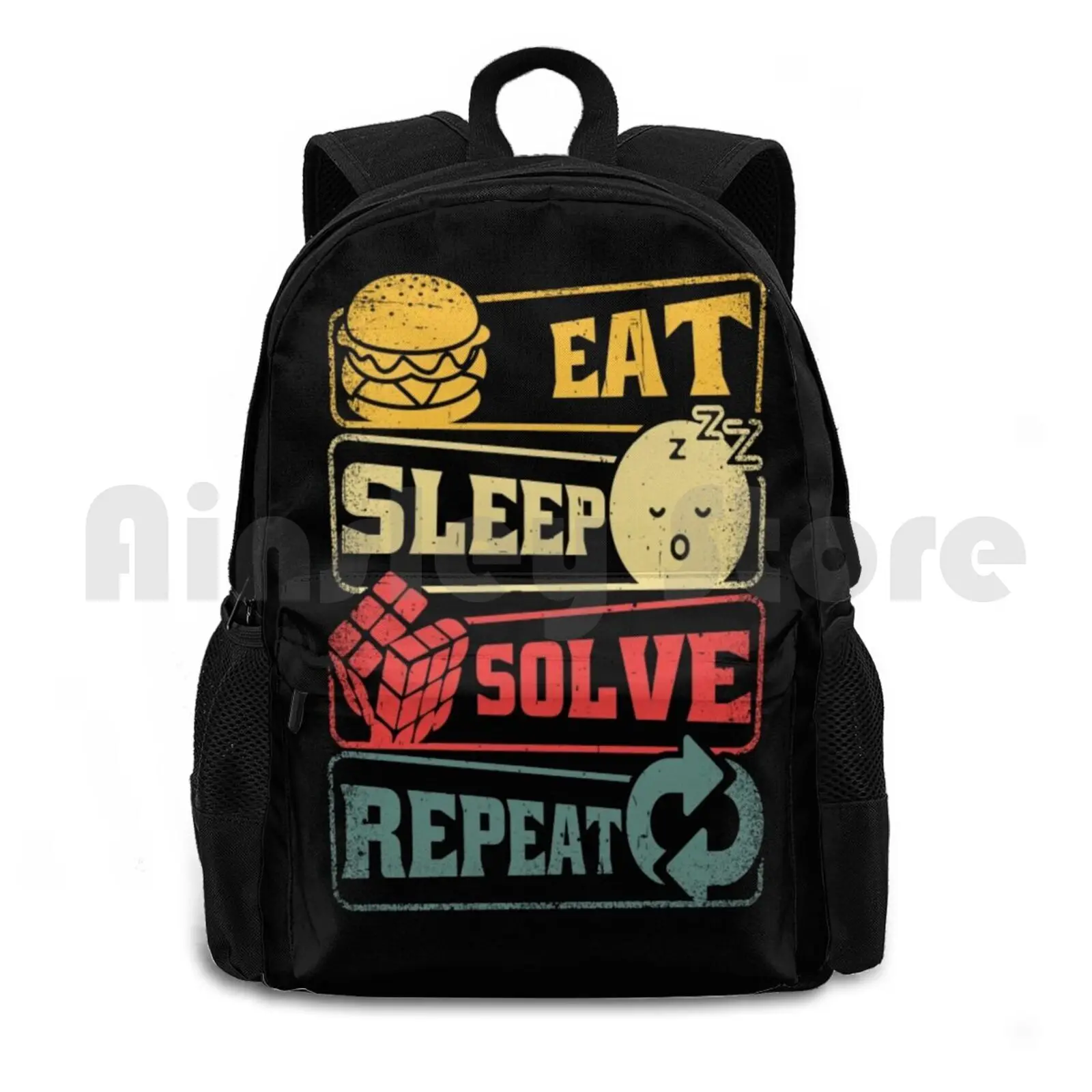 Eat Sleep Solve Repeat Vintage Outdoor Hiking Backpack Waterproof Camping Travel Cube Puzzle Game Vintage Nerd Nerdy Smart 3x3