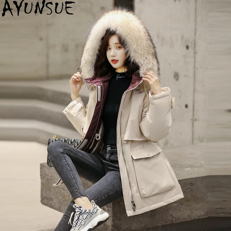 AYUNSUE Women\'s Jacket Winter 2020 Real Raccoon Dog Fur Collar Hooded Jackets Female White Duck Down Coats Long Parkas Casaco